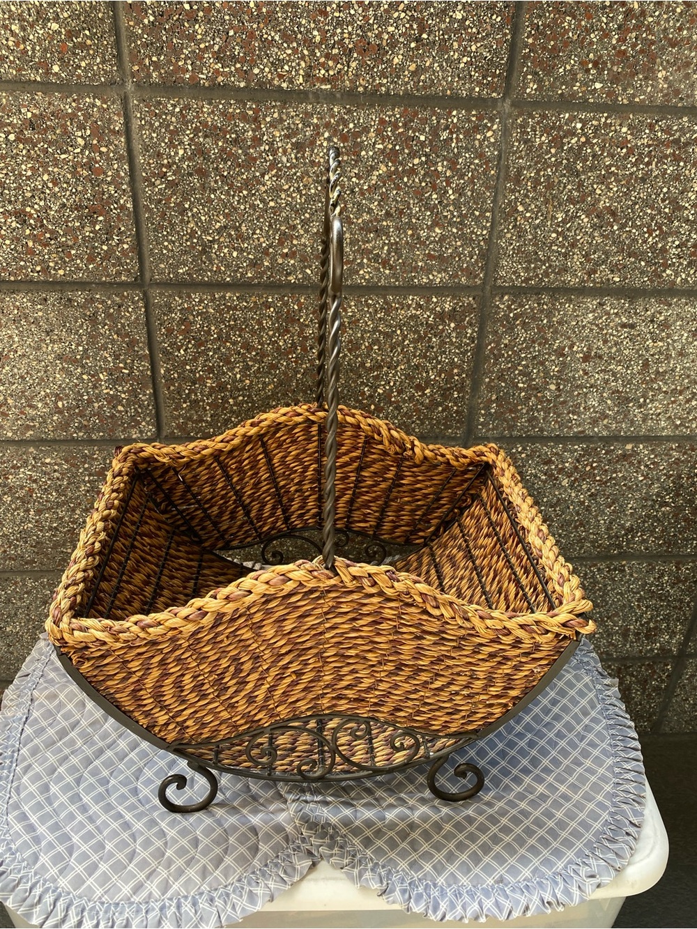 American Vintage Woven Natural Brown Basket with Twisted Iron Handle